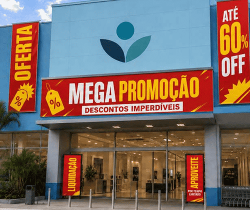 Fachada comercial com banners e faixas de promoção